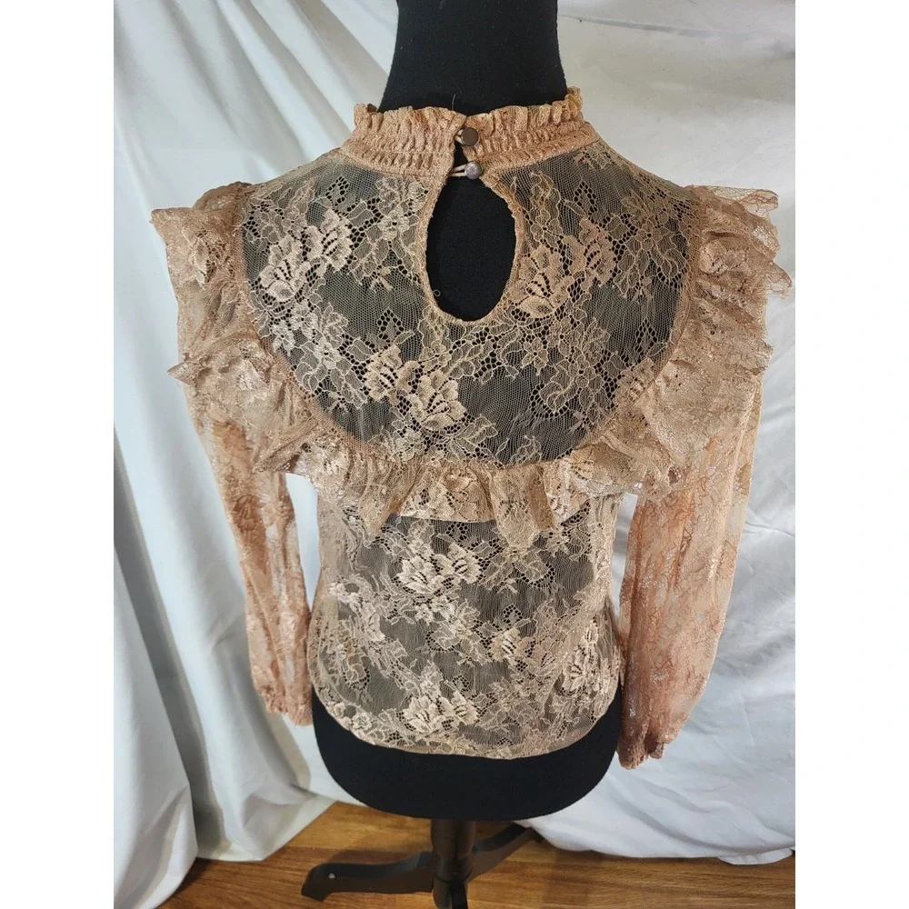 Redyazel Blush Pink 100% Nylon Lace Top Size S Victorian High Neck